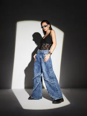 Women's Navy Blue Wide-Leg High-Rise Highly-Distressed Regular-Length Denim Jeans