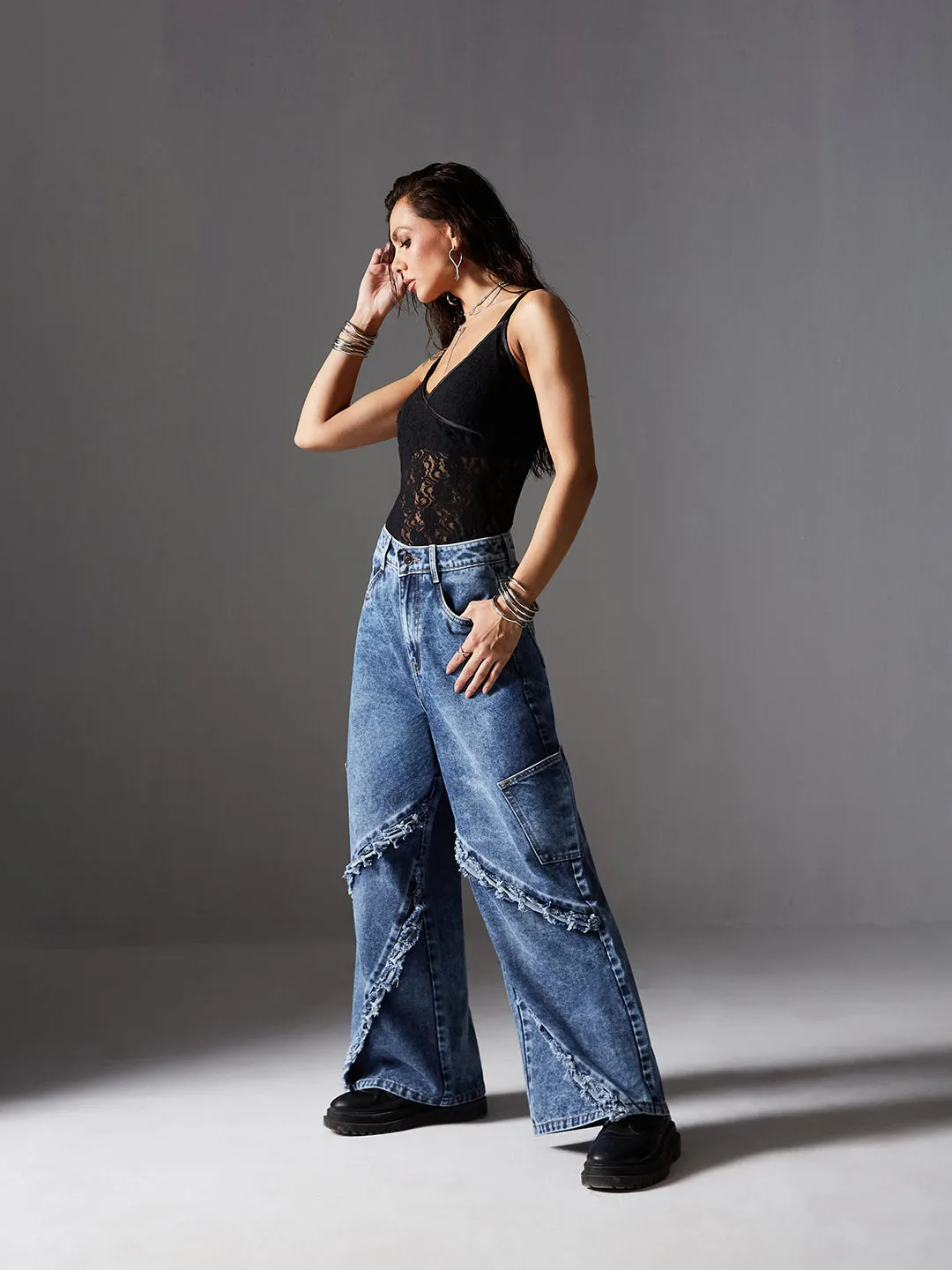 Women's Navy Blue Wide-Leg High-Rise Highly-Distressed Regular-Length Denim Jeans