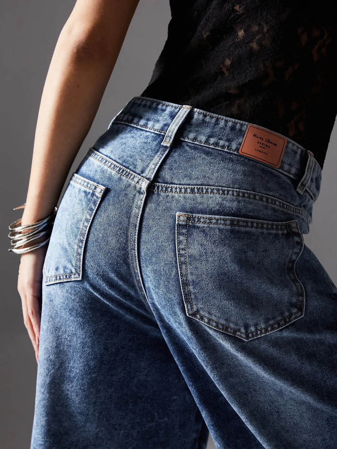Women's Navy Blue Wide-Leg High-Rise Highly-Distressed Regular-Length Denim Jeans