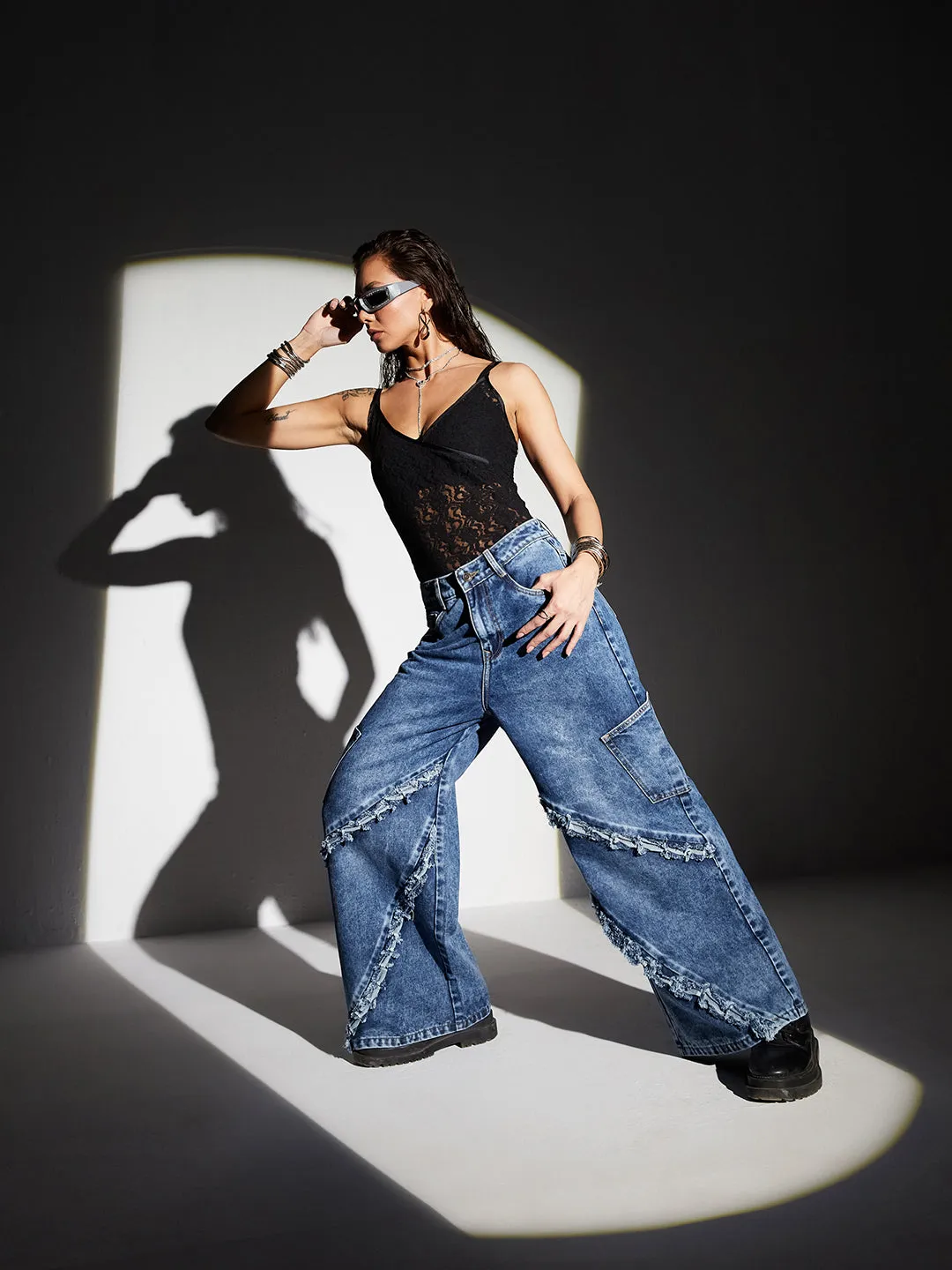 Women's Navy Blue Wide-Leg High-Rise Highly-Distressed Regular-Length Denim Jeans