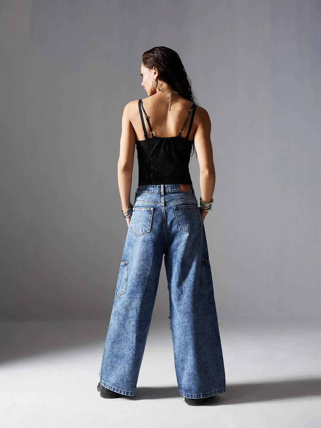 Women's Navy Blue Wide-Leg High-Rise Highly-Distressed Regular-Length Denim Jeans