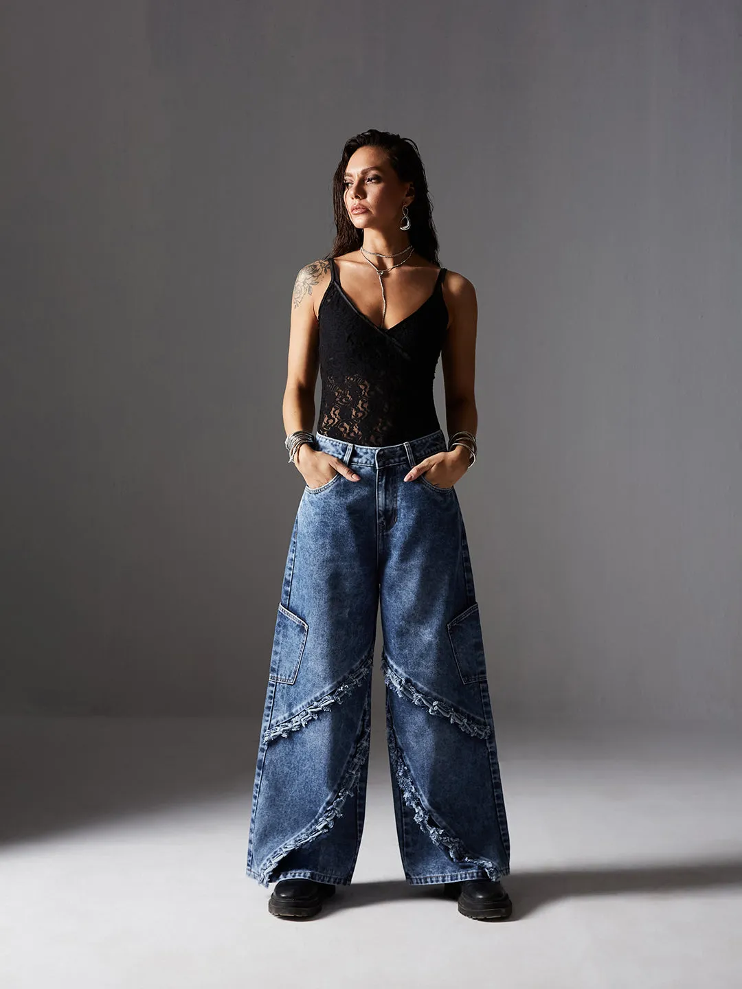 Women's Navy Blue Wide-Leg High-Rise Highly-Distressed Regular-Length Denim Jeans