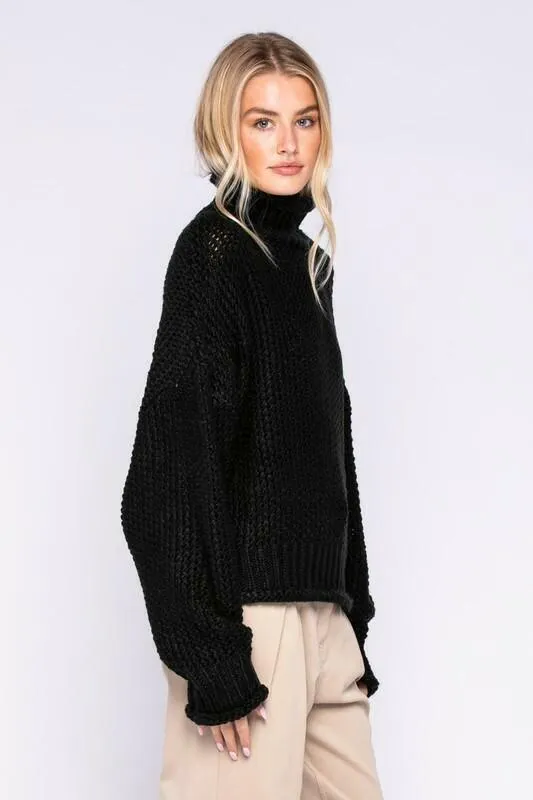 Yata Black Funnel Neck Knit Sweater