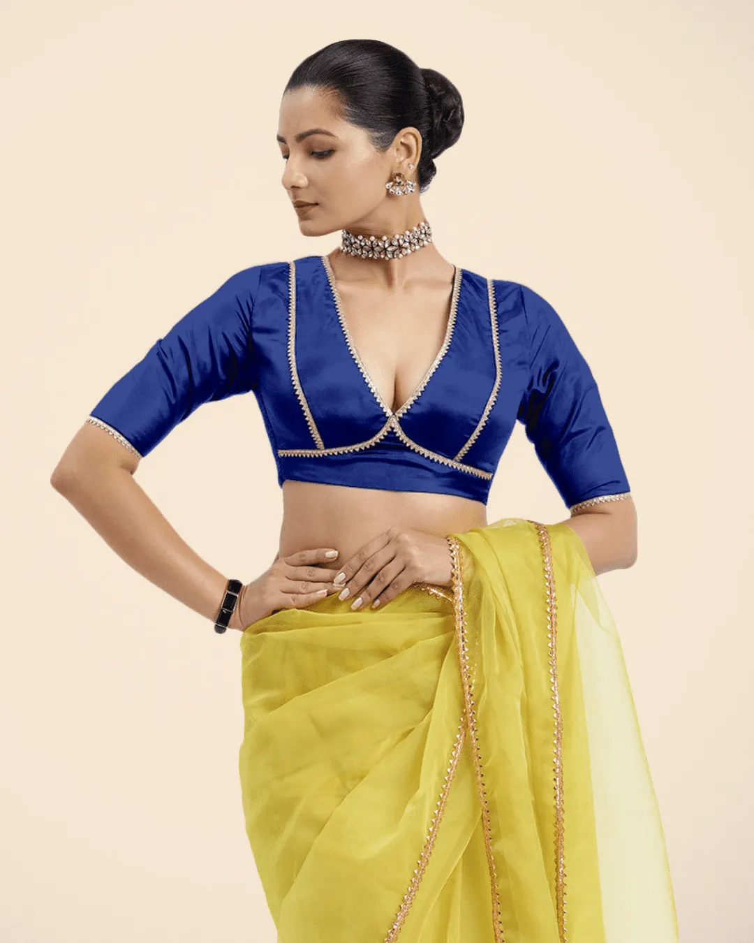 Zeenat x Tyohaar | Cobalt Blue Saree Blouse w/ FlexiFit™ and Golden Gota Lace