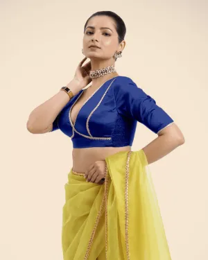 Zeenat x Tyohaar | Cobalt Blue Saree Blouse w/ FlexiFit™ and Golden Gota Lace