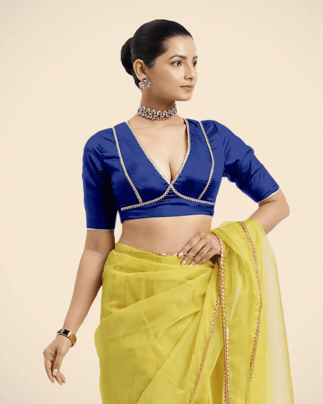 Zeenat x Tyohaar | Cobalt Blue Saree Blouse w/ FlexiFit™ and Golden Gota Lace